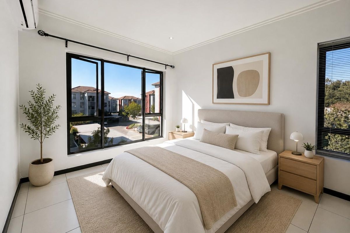 A bright and modern bedroom featuring tiled floors, black-framed windows with blinds, and a wall-mounted air conditioning unit.