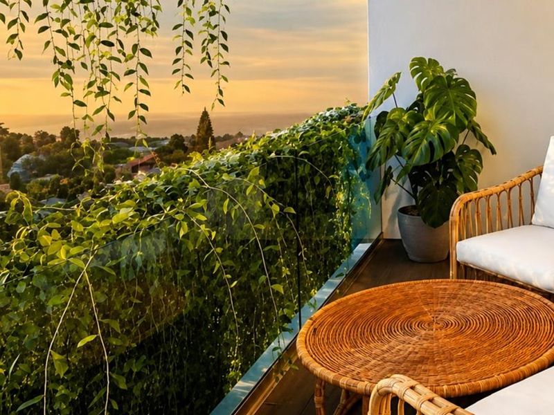 A modern penthouse balcony featuring a frameless glass balustrade and panoramic sunset views over the surrounding landscape.