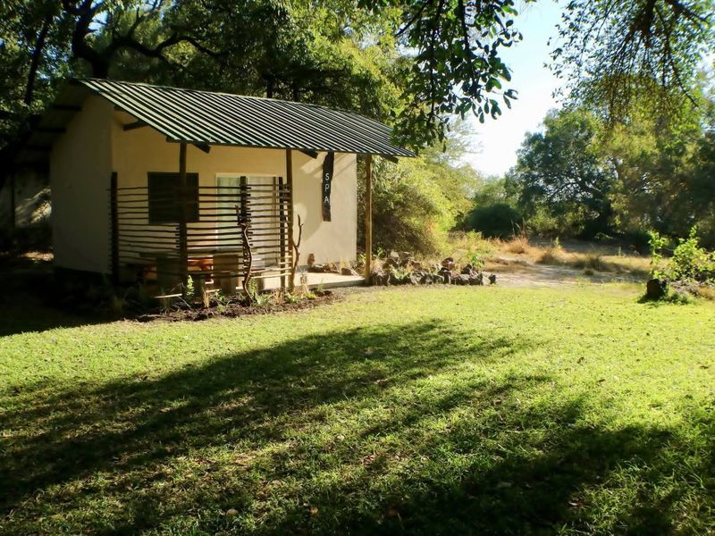 A detached spa building featuring a corrugated metal roof, timber support posts, and a private patio area set within a lush garden.