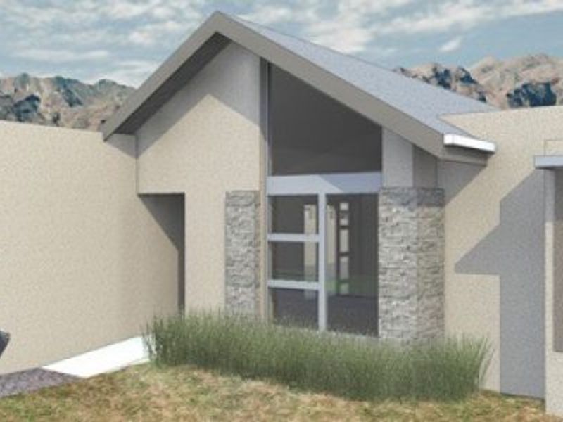 A digital architectural rendering of a modern residential facade featuring stone accents, a pitched roof, and an integrated garage.