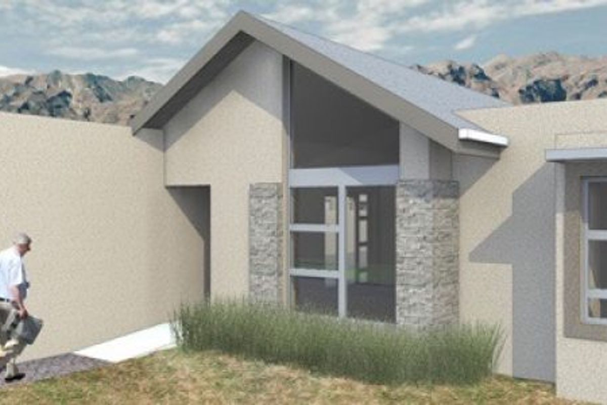 A digital architectural rendering of a modern residential facade featuring stone accents, a pitched roof, and an integrated garage.