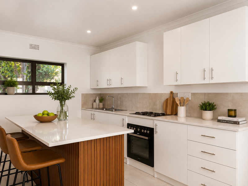 Modern kitchen featuring white cabinetry, stone countertops, a central island with timber detailing, and integrated stainless steel appliances.
