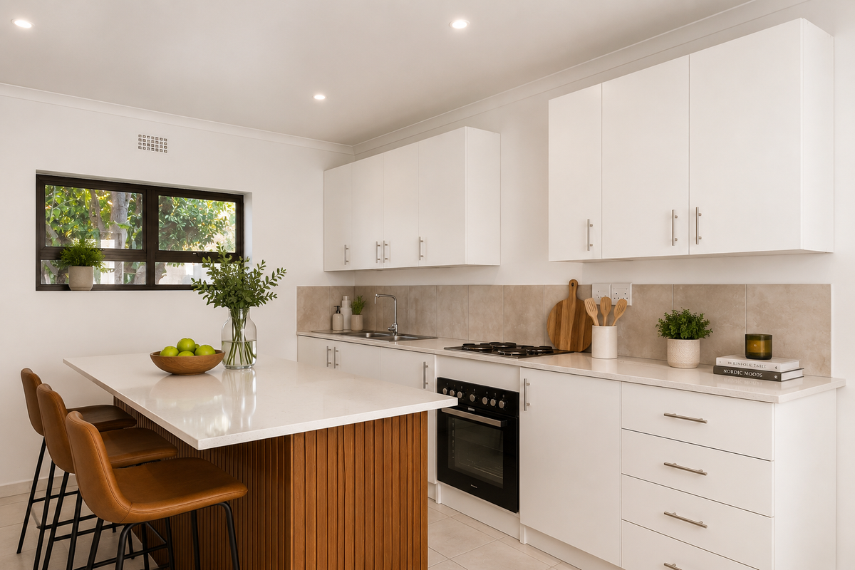 Modern kitchen featuring white cabinetry, stone countertops, a central island with timber detailing, and integrated stainless steel appliances.