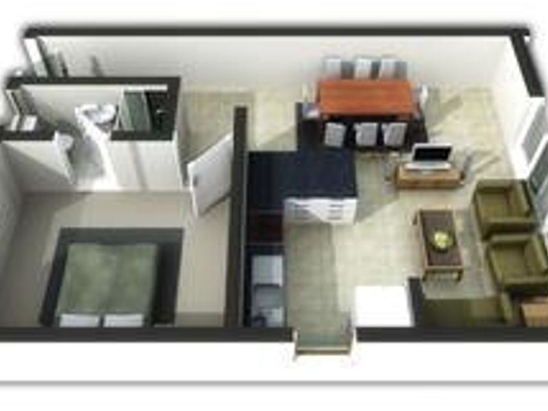 A 3D floor plan rendering showing the layout of an apartment including a bedroom, bathroom, kitchen, and open-plan living and dining area.