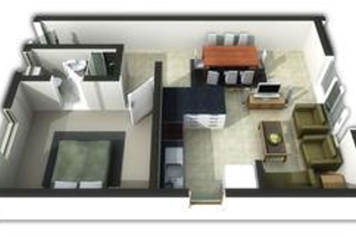 A 3D floor plan rendering showing the layout of an apartment including a bedroom, bathroom, kitchen, and open-plan living and dining area.