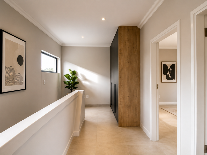 A bright, modern hallway featuring neutral tiled flooring, recessed downlighting, and sleek built-in cabinetry with a wood-grain finish.