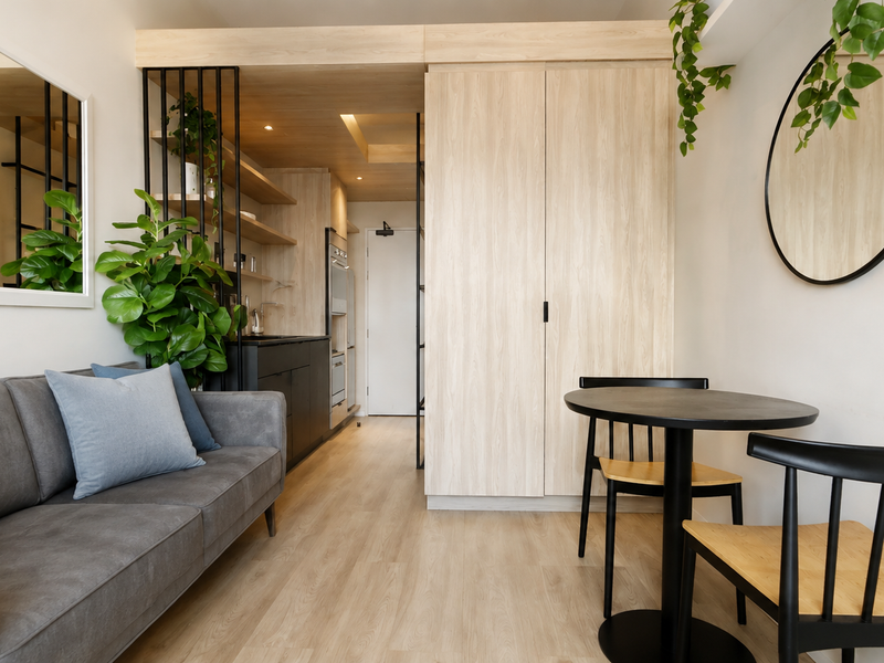 Modern open-plan living area featuring light wood cabinetry, integrated kitchen appliances, laminate flooring, and a sleek metal room divider.