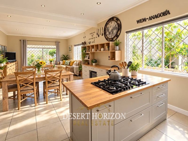 Spacious open-plan living and dining area featuring a modern kitchen island with a gas hob, wooden countertops, and ample built-in cabinetry.
