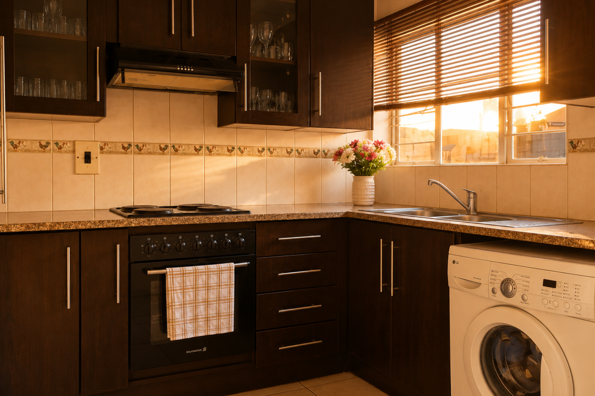 A well-maintained kitchen featuring dark wood cabinetry, granite countertops, built-in oven, electric hob, and integrated laundry appliance space.