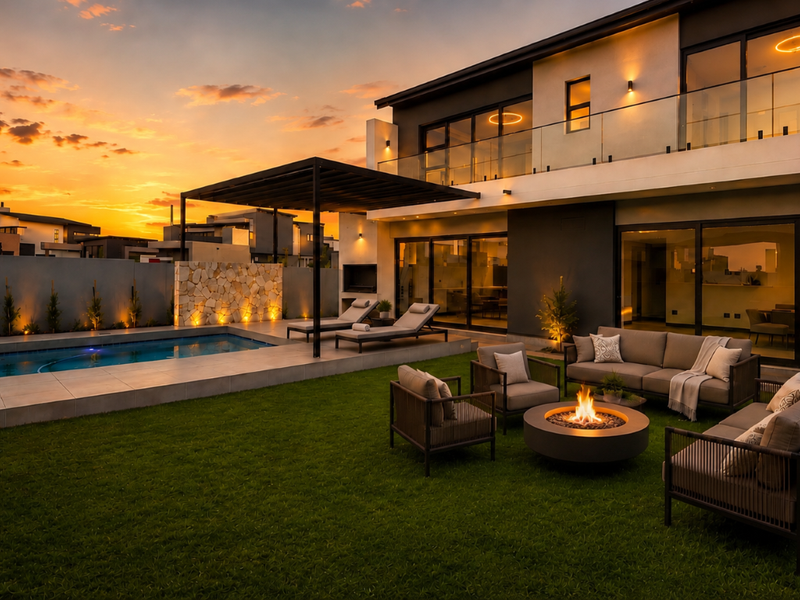 Modern rear exterior featuring a swimming pool, stone feature wall, covered patio with built-in fireplace, and expansive sliding glass doors leading to the interior.