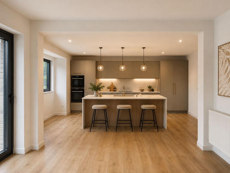 Modern open-plan kitchen featuring a central island, integrated cabinetry, built-in double oven, and high-quality timber flooring with elegant pendant lighting.