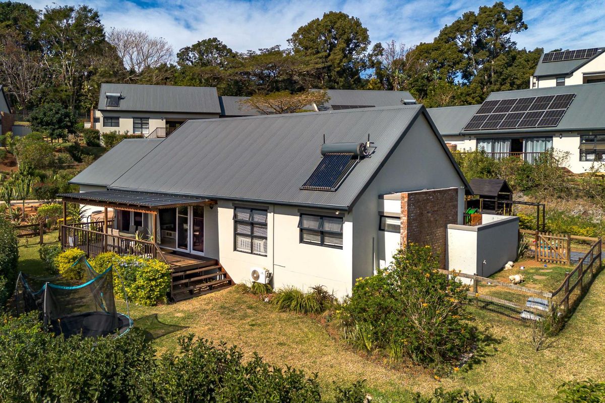 Aerial view of the rear elevation featuring a corrugated metal roof with solar water heating, a timber deck, and a covered patio area.
