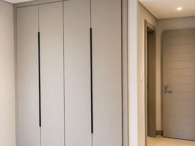 A modern bedroom interior featuring sleek built-in wardrobes, neutral tiled flooring, recessed lighting, and integrated ducted air conditioning.