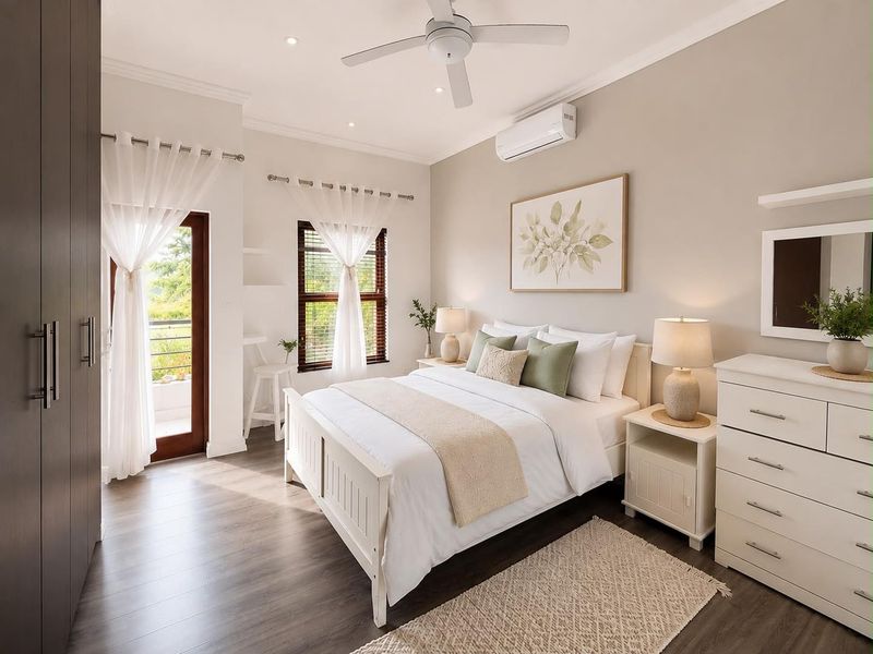 A well-maintained bedroom featuring laminate flooring, a ceiling fan, split-system air conditioning, and direct access to an outdoor balcony through a timber-framed glass door.