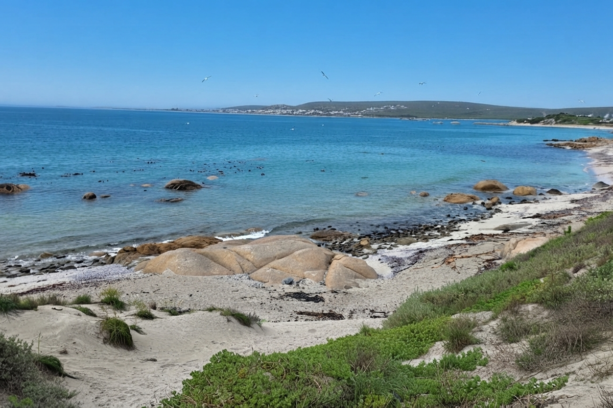 A scenic coastal view overlooking a sandy beach with rock formations and clear blue ocean waters.
