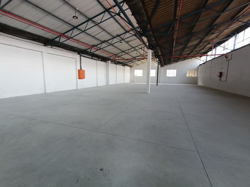 Spacious industrial warehouse unit featuring high ceilings with exposed steel trusses, concrete flooring, and integrated fire safety systems.