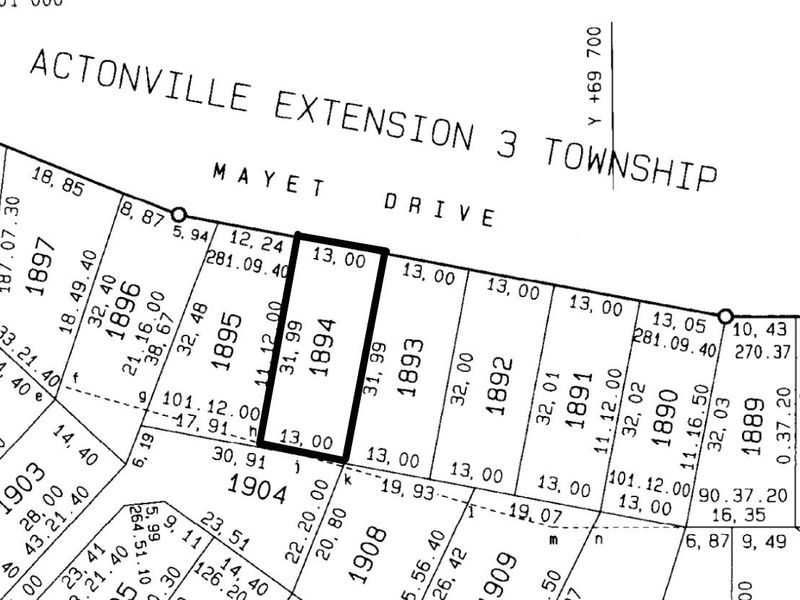 A detailed cadastral survey map showing the layout and dimensions of residential plots in Actonville Extension 3 Township.