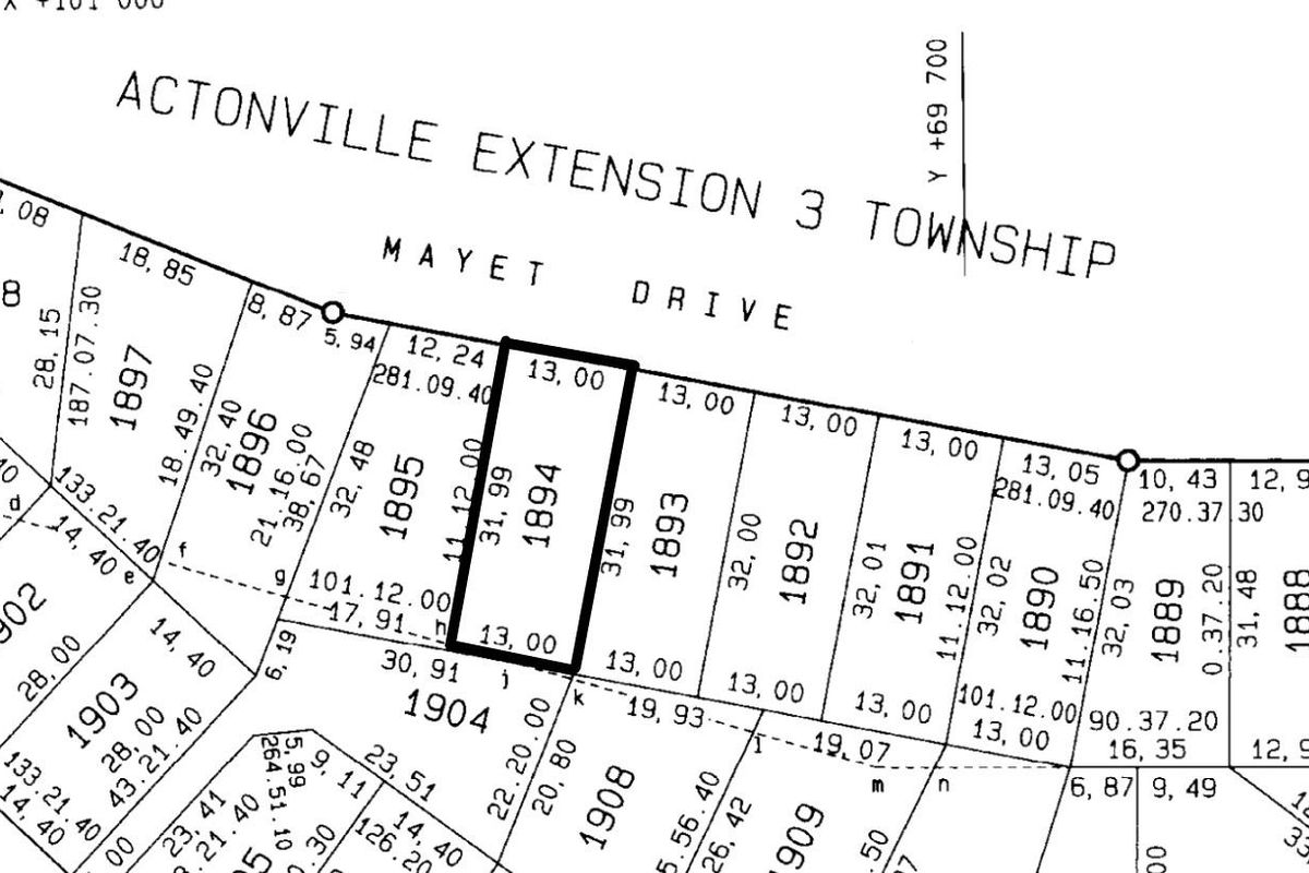 A detailed cadastral survey map showing the layout and dimensions of residential plots in Actonville Extension 3 Township.