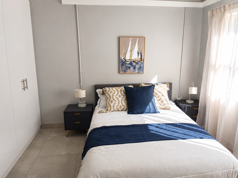 A well-lit bedroom featuring neutral tiled flooring, a built-in wardrobe, and a clean, modern aesthetic with exposed conduit detailing.