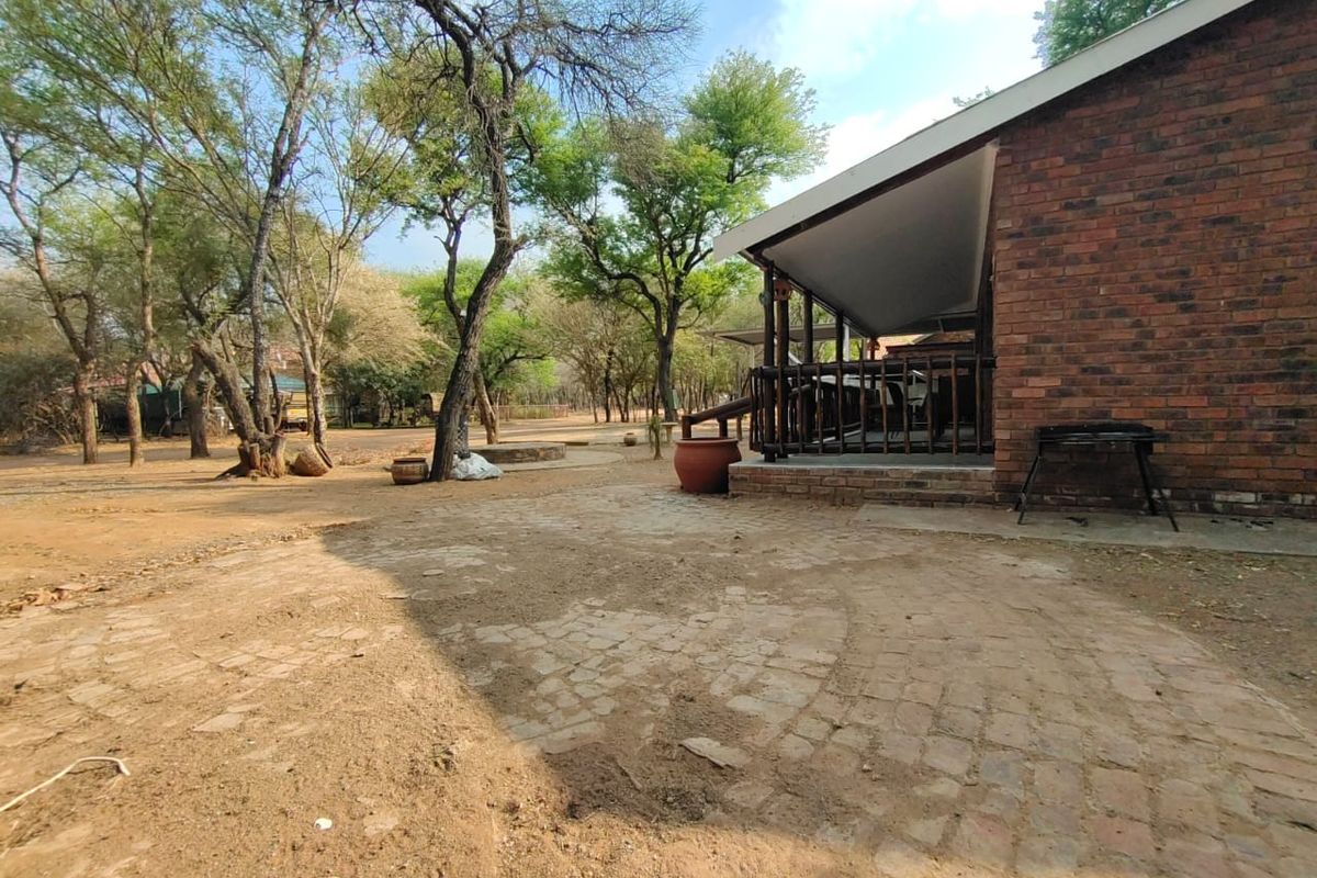A view of the rear exterior featuring a covered patio area, brick facade, and a natural, rustic garden setting.