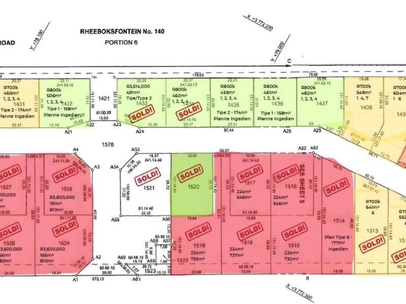 A site layout plan showing multiple subdivided residential plots with pricing and availability status.