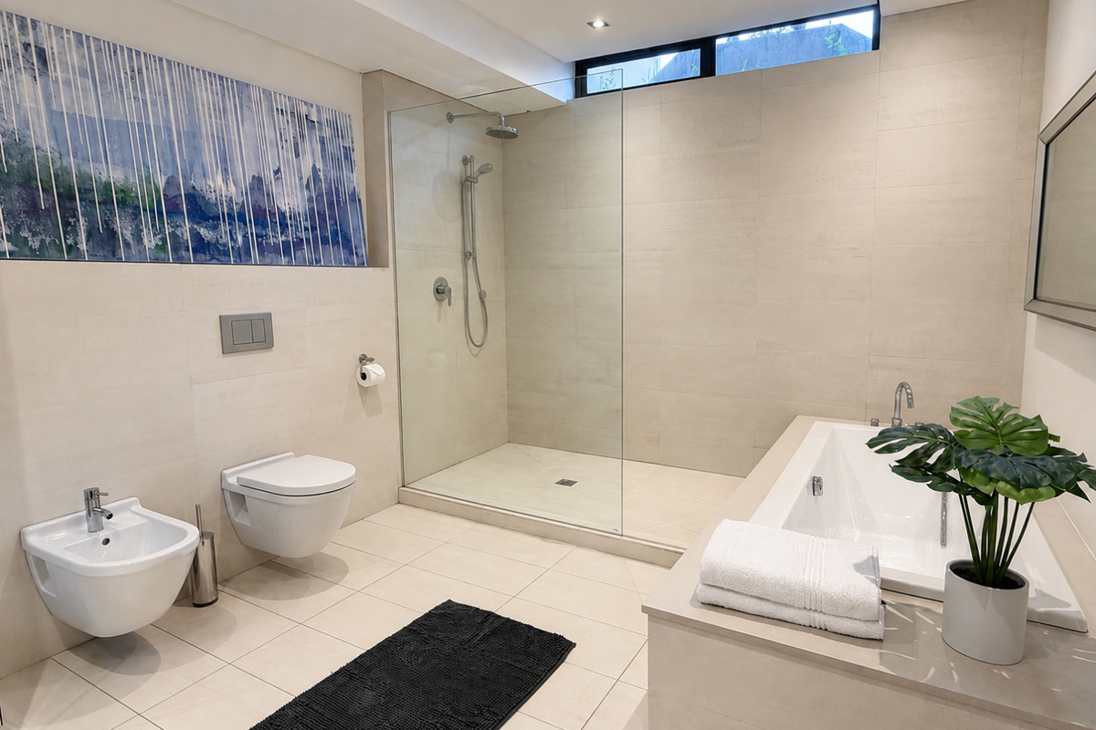 Modern bathroom featuring a walk-in shower with glass screen, built-in bathtub, wall-mounted toilet, and bidet, finished with neutral floor-to-ceiling tiles.