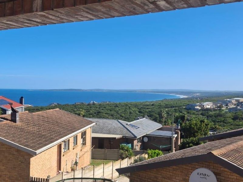 Elevated coastal view overlooking the surrounding residential neighborhood and the ocean horizon from a covered patio area.