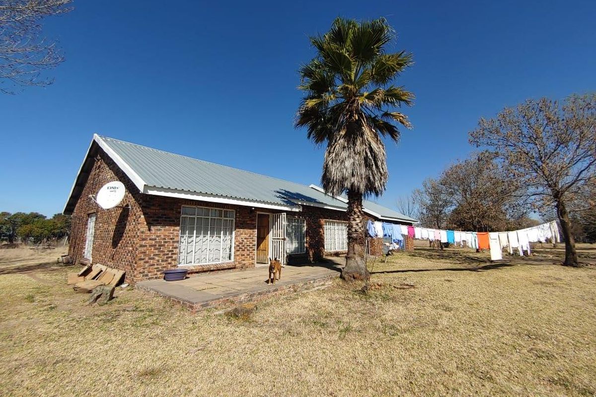 Rear view of a face brick small holding dwelling featuring a corrugated metal roof and a paved patio area set within a large garden.
