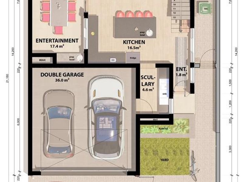 Ground floor architectural floor plan for a townhouse featuring a double garage, open-plan kitchen, living area, entertainment space with braai, and private yard.