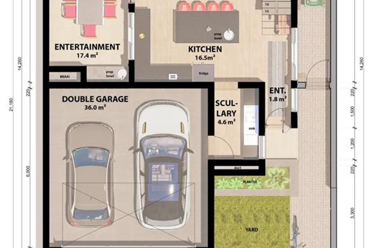 Ground floor architectural floor plan for a townhouse featuring a double garage, open-plan kitchen, living area, entertainment space with braai, and private yard.
