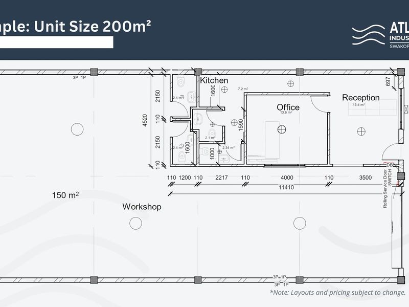 Architectural floor plan for a 200m2 industrial unit featuring a workshop, kitchen, office, and reception area.