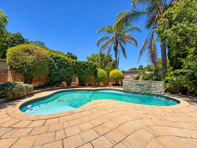 A private outdoor pool area featuring a curved swimming pool with a stone-clad water feature, surrounded by a paved deck and established garden landscaping.