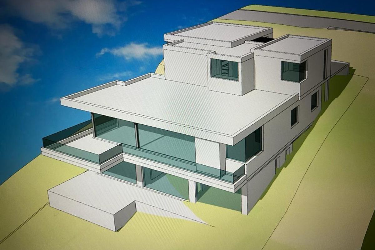 A 3D architectural render of a modern multi-level residential property featuring flat roofs, glass balconies, and expansive windows.