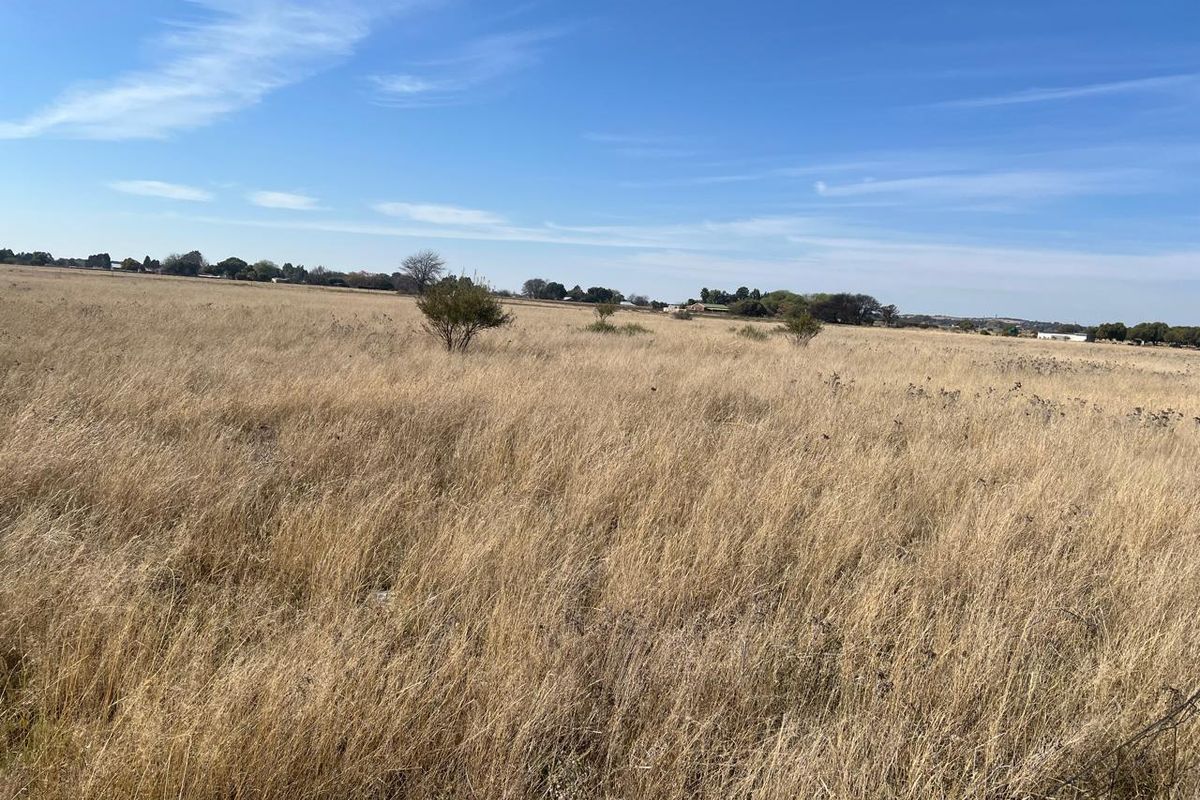 A wide-angle view of a vacant residential plot featuring dry, natural grassland under a clear blue sky.