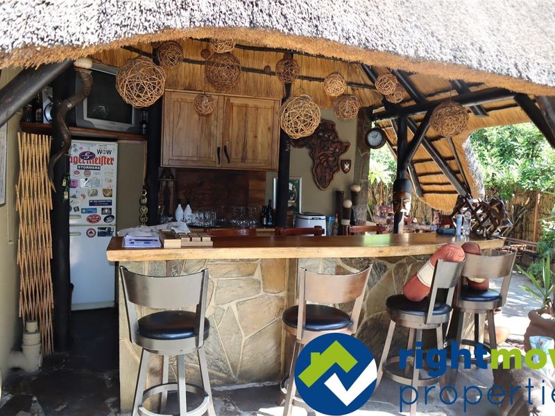 An outdoor bar area featuring a traditional thatched roof, stone-clad counter, and wooden cabinetry, perfect for entertaining in a relaxed garden setting.