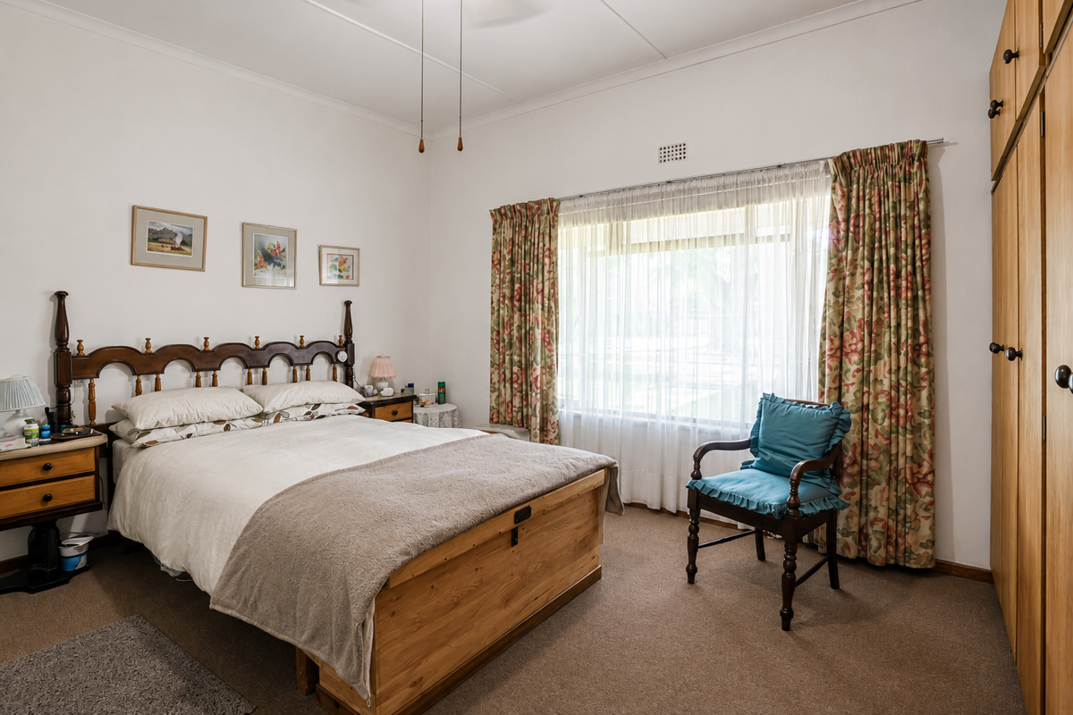 A well-maintained bedroom featuring built-in wooden cabinetry, carpeted flooring, and a large window with curtain treatments.