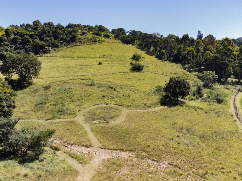 An aerial view of a large, undeveloped grassy plot of land with natural vegetation and perimeter fencing.