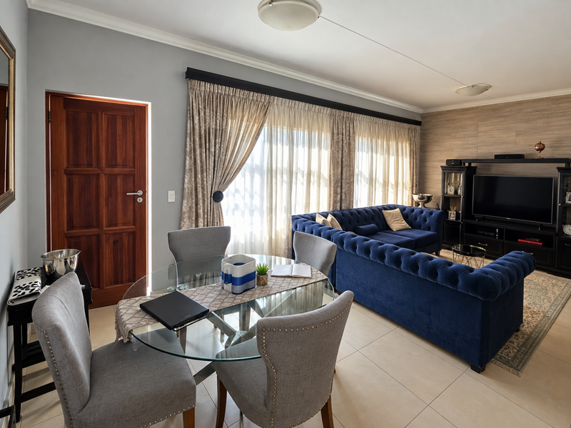 Spacious open-plan living and dining area featuring neutral tiled flooring, wood-look accent wall paneling, and large windows with integrated curtain tracks.