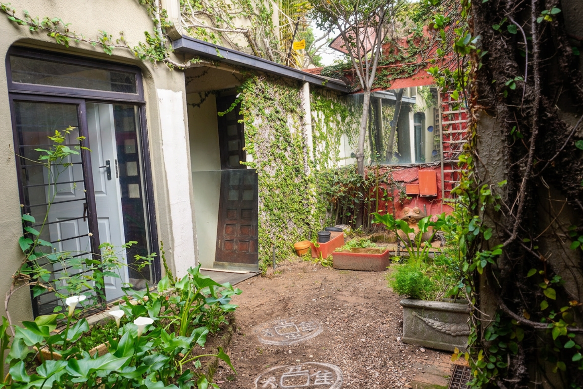 A secluded rear courtyard area featuring established climbing vines, paved pathways, and direct access to the home through a sliding glass door.