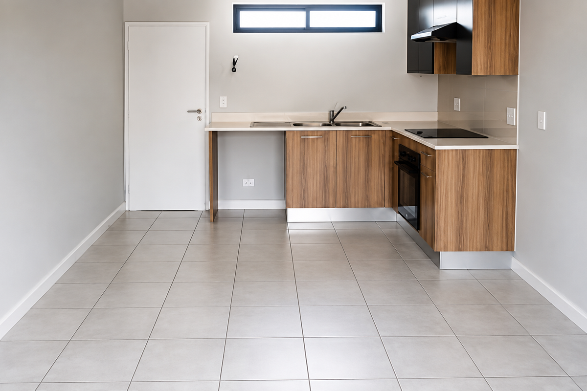 Modern, empty kitchen featuring wood-finish cabinetry, stone-look countertops, integrated electric hob and oven, and neutral tiled flooring.