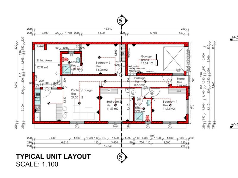 Architectural floor plan for a typical apartment unit, detailing the layout of bedrooms, kitchen, living area, garage, and outdoor spaces.