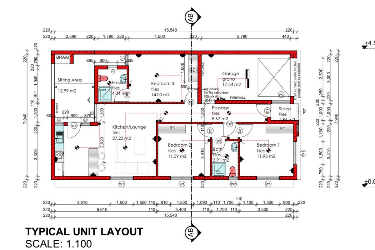 Architectural floor plan for a typical apartment unit, detailing the layout of bedrooms, kitchen, living area, garage, and outdoor spaces.