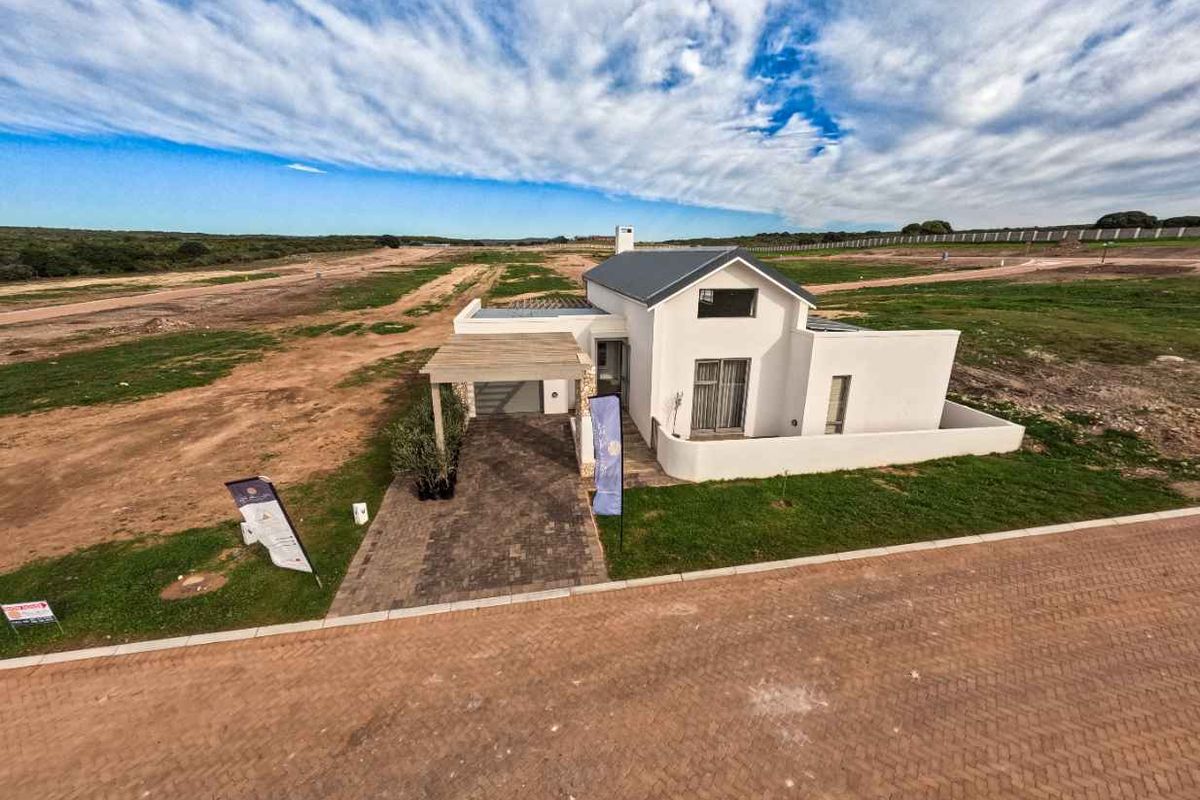 An elevated aerial view of a modern, newly constructed house featuring a paved driveway, covered entrance, and contemporary architectural design within a developing estate.