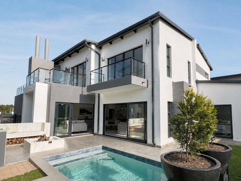 Modern double-story rear elevation featuring a swimming pool, built-in fire pit, tiled patio area, and upper-level balconies with glass balustrades.