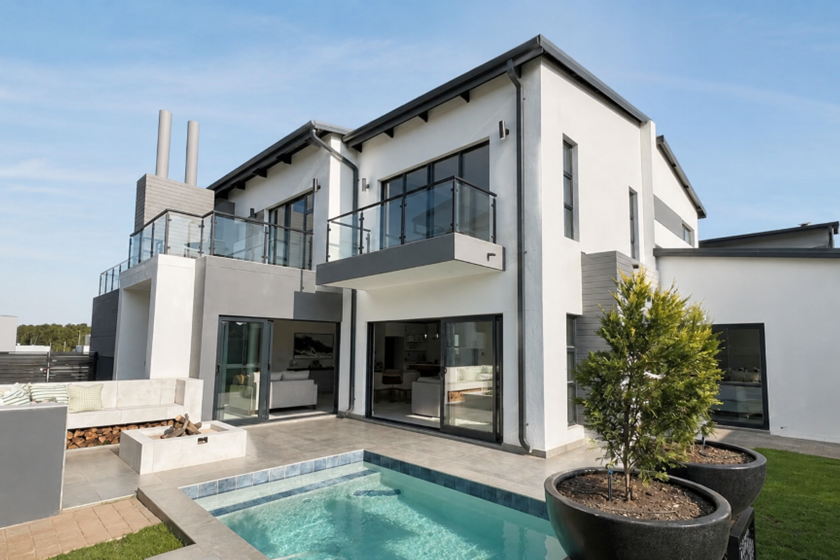 Modern double-story rear elevation featuring a swimming pool, built-in fire pit, tiled patio area, and upper-level balconies with glass balustrades.