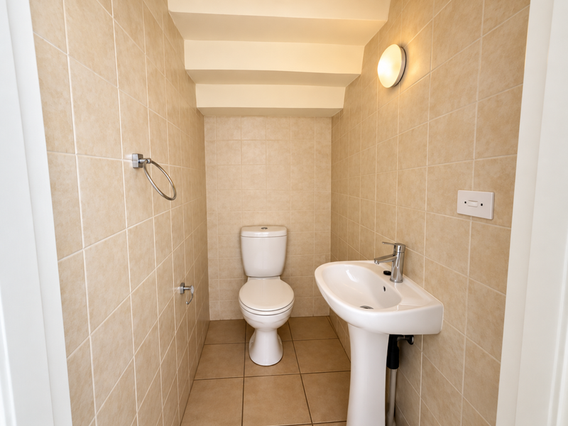A compact guest bathroom featuring a pedestal basin, toilet, and neutral floor-to-ceiling wall tiles.