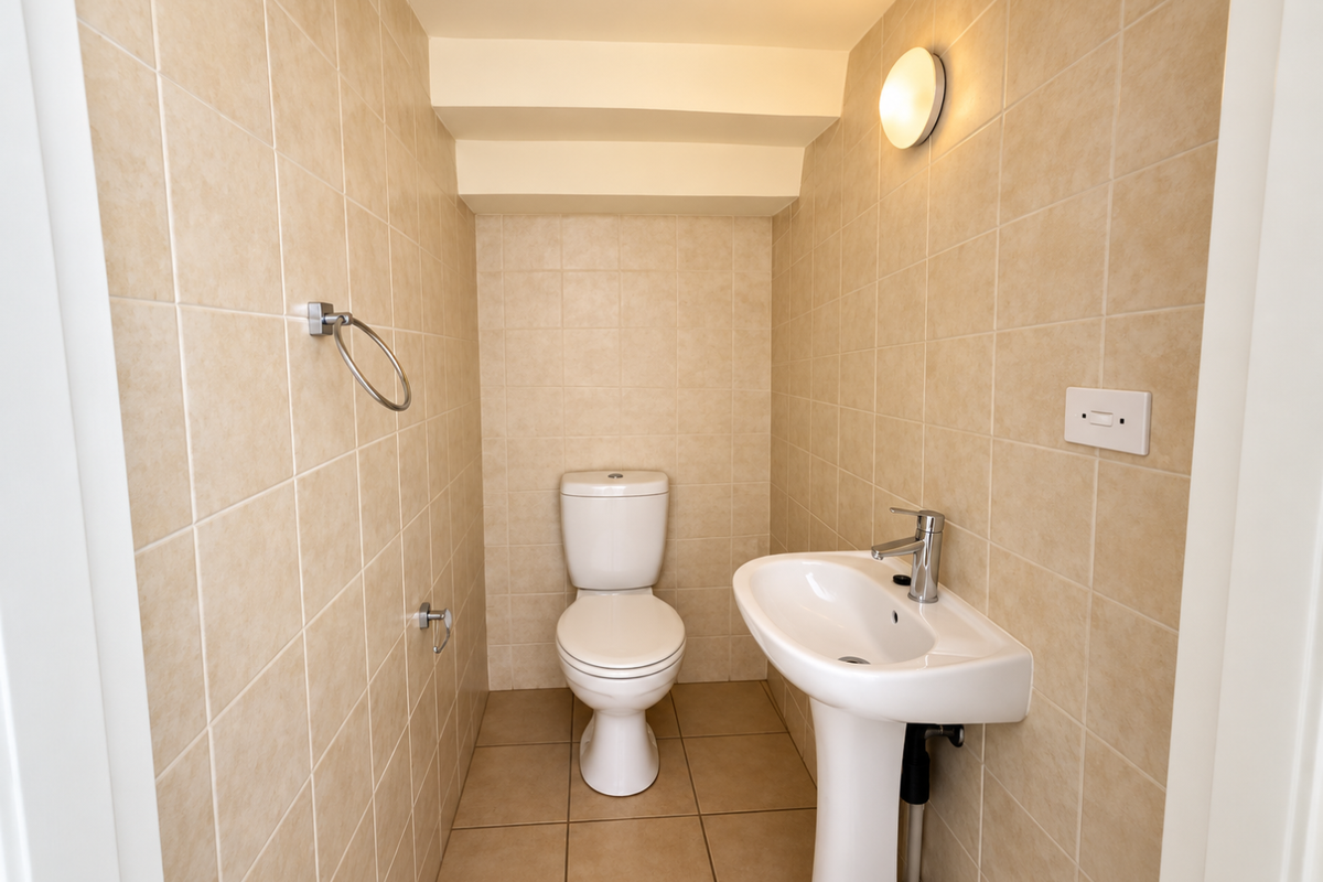 A compact guest bathroom featuring a pedestal basin, toilet, and neutral floor-to-ceiling wall tiles.