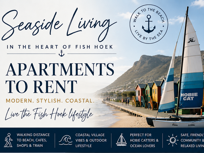 Promotional marketing material for seaside apartments in Fish Hoek, featuring coastal imagery and lifestyle highlights.