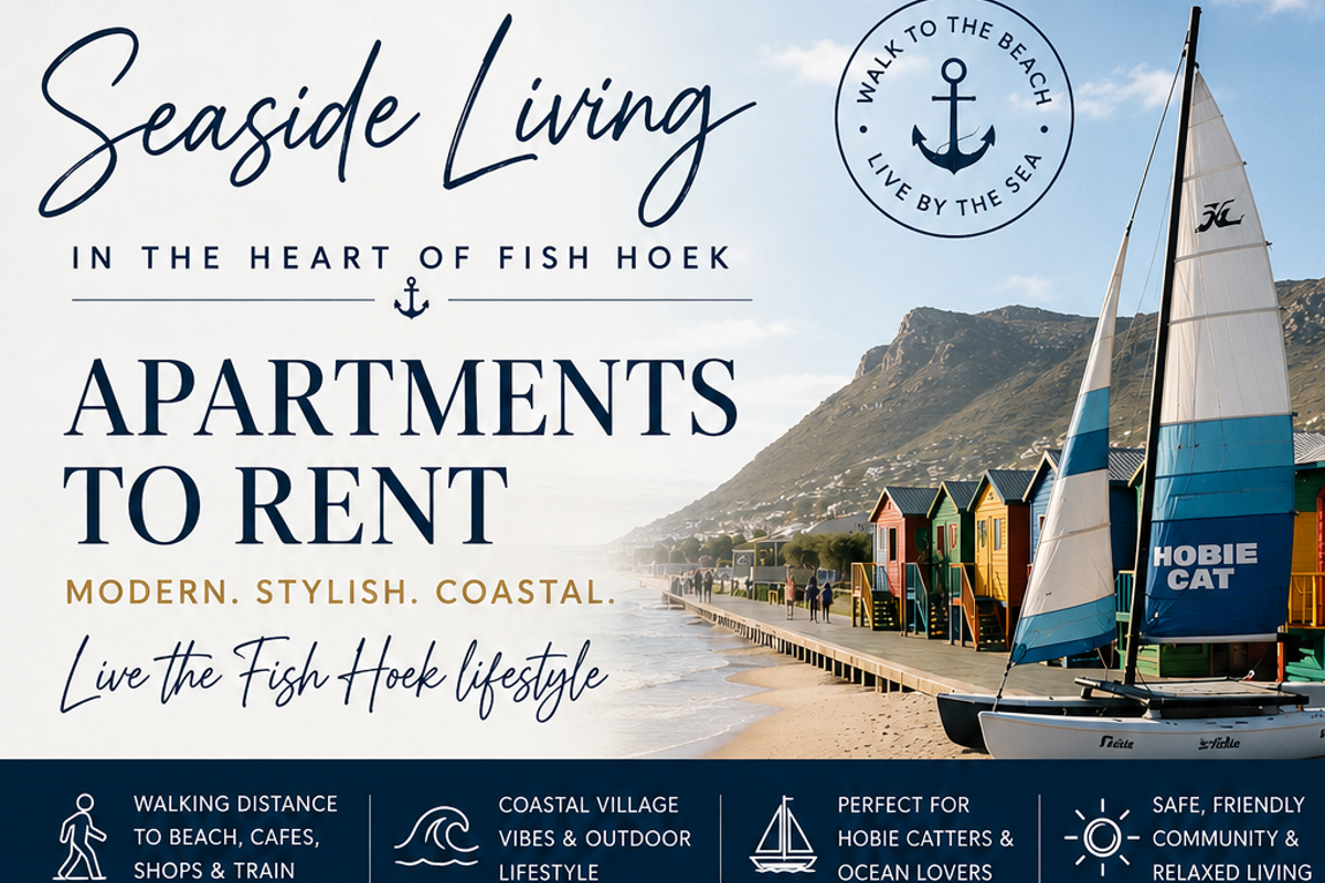 Promotional marketing material for seaside apartments in Fish Hoek, featuring coastal imagery and lifestyle highlights.