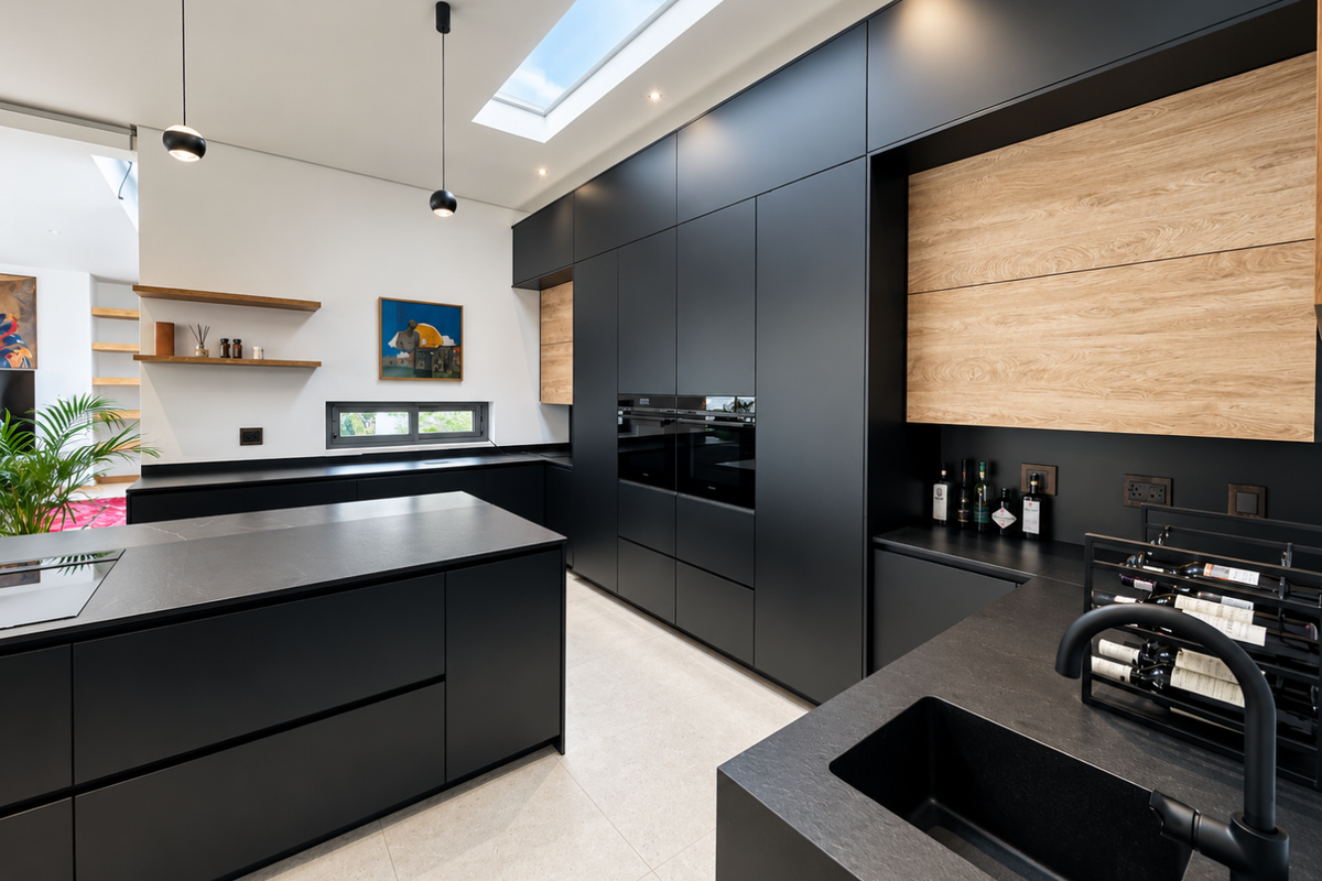 A modern, high-end kitchen featuring matte black cabinetry, integrated appliances, a large central island, stone countertops, and a skylight providing ample natural light.